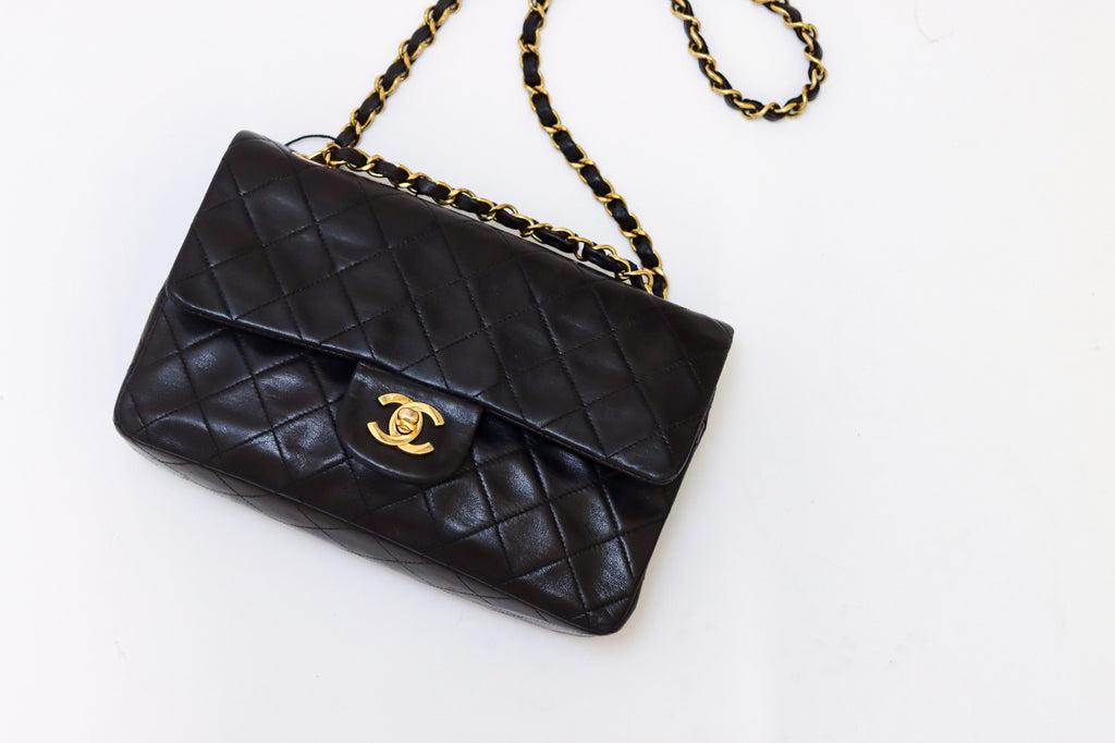 Chanel Matelasse Black Leather Quilted W Flap Chain Shoulder Bag With Dustbag.