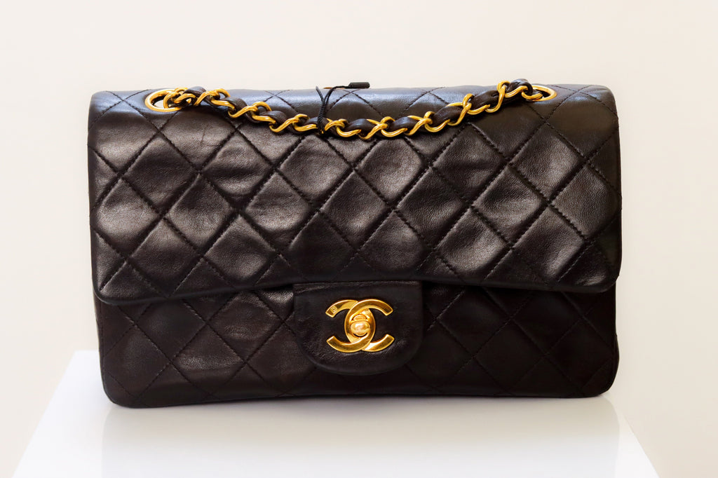 Chanel Matelasse Black Leather Quilted W Flap Chain Shoulder Bag With Dustbag.