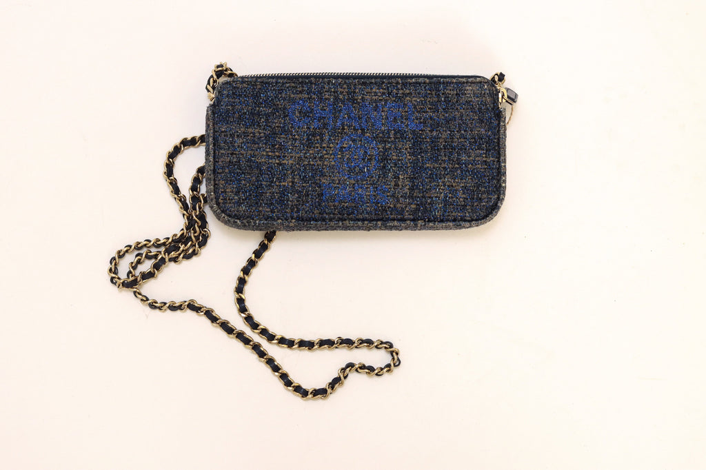 Chanel Tweed Blue Crossbody Bag with Chain Strap.