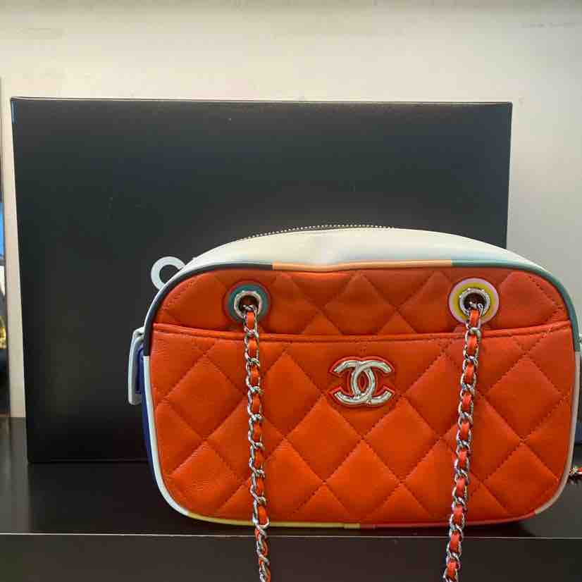 Chanel Red Leather Chain Camera Bag.