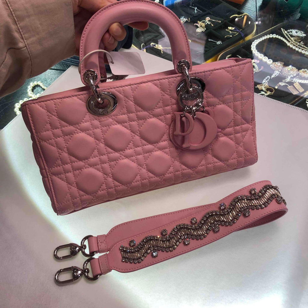 Dior D Joy Pink Lamb Skin Two Way Bag Adjustable Strap Medium Size.