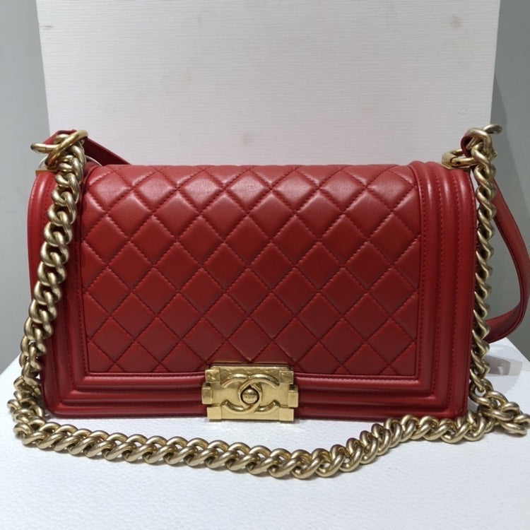 Chanel Leboy Red Leather Quilted Chain Shoulder Bag Medium.