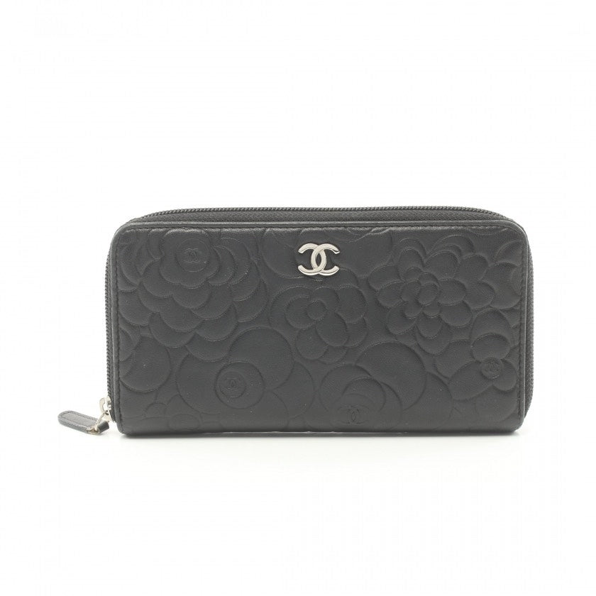 Chanel Camellia Lambskin Black Zip Around Wallet.