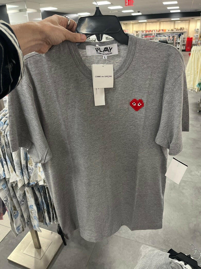 Comme des Garçons Play Men's Gray Tee Shirt with Red Heart Logo, Size Large.