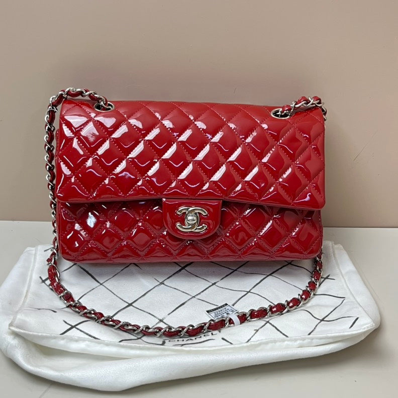 Chanel Patent Leather Red Classic Double Flap Bag Medium.