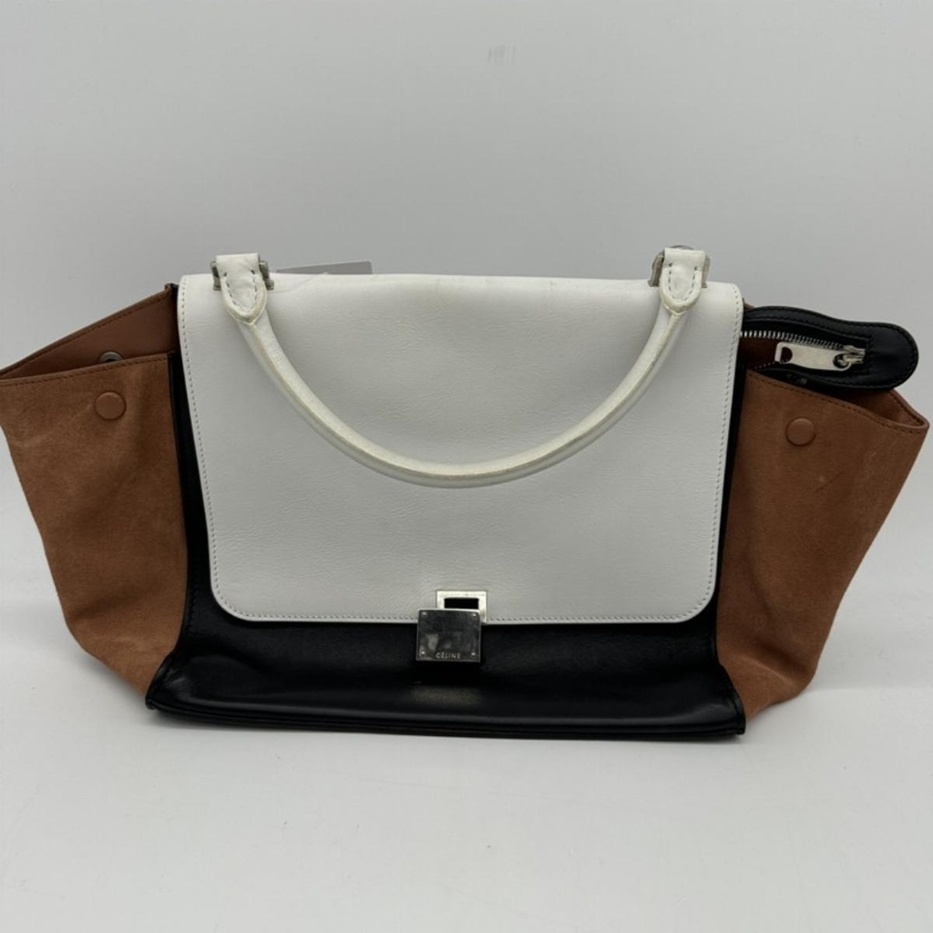 Celine Tricolor Leather Shoulder Bag, Black/White/Brown - Medium Size.