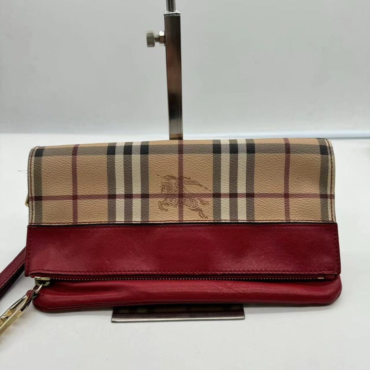 Burberry Beige and Red Checkered Leather Clutch Wallet Medium Size.