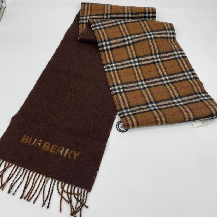 Burberry Check Cashmere Scarf in Camel Brown.