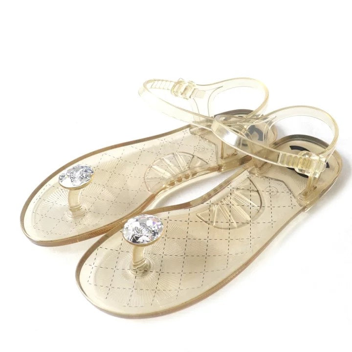 Chanel Gold Jelly Sandals with Crystal Accents - Size 36.