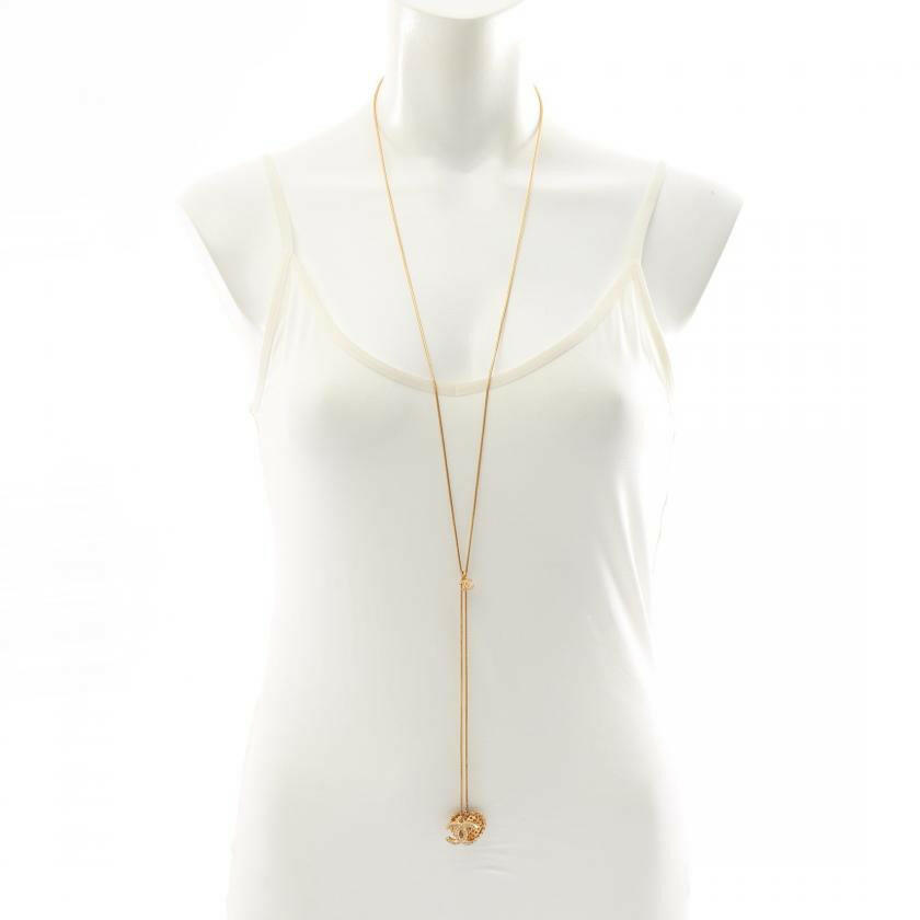 Chanel Coco Mark Long Necklace with Gold Rhinestone Heart Charm - Gold/Clear.