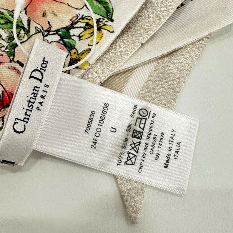 Christian Dior Silk Twilly Scarf with Floral Print, White/Multi-Color, One Size.