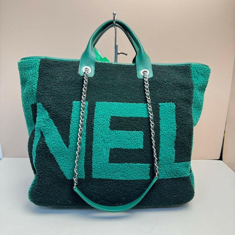 Chanel Logo 2way Shopping Tote Bag - Green, Large Size.