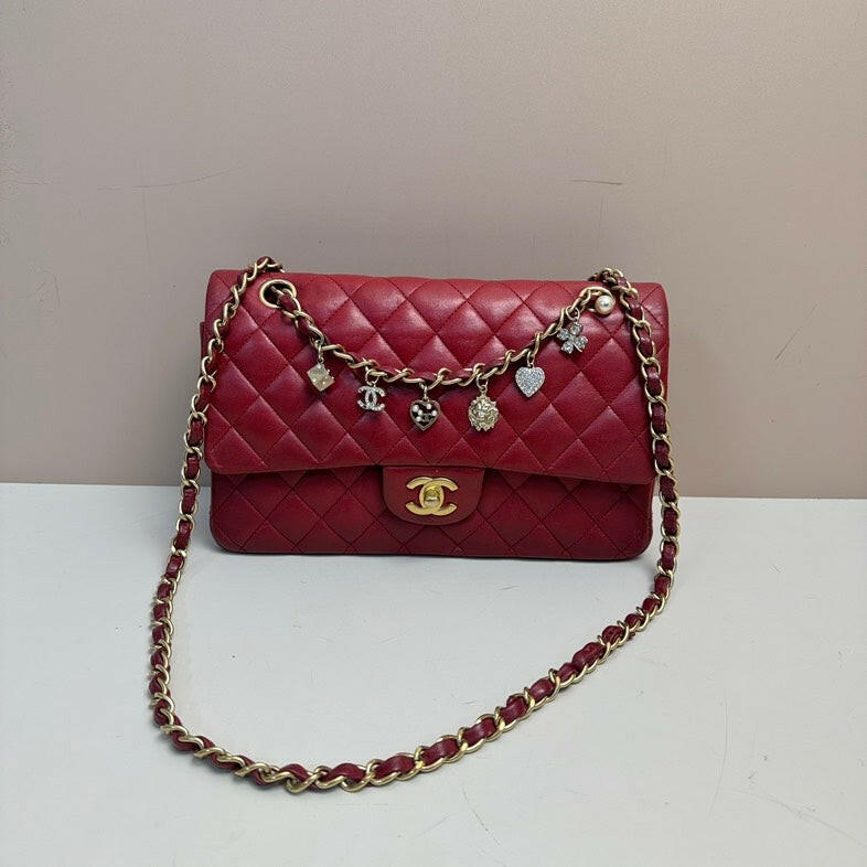 Chanel Lambskin Classic Double Flap Bag Red with Gold-Tone Hardware Medium.