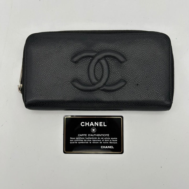 Chanel Black Leather Zip Around Clutch Wallet.
