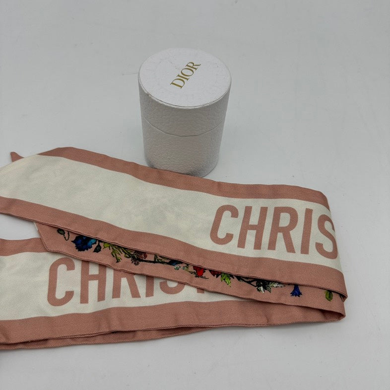 Christian Dior Flower Twilly Scarf - Pink and White, Floral Print, One Size.