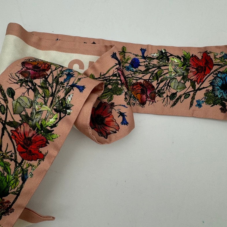 Christian Dior Flower Twilly Scarf - Pink and White, Floral Print, One Size.