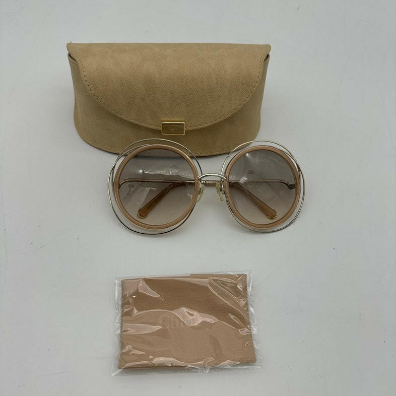 Chloe Round Oversized Sunglasses in Gold and Brown with Case and Cleaning Cloth.
