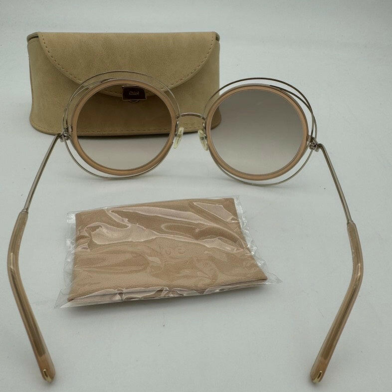 Chloe Round Oversized Sunglasses in Gold and Brown with Case and Cleaning Cloth.