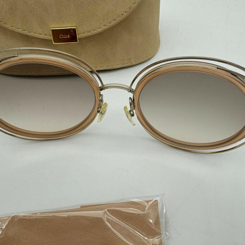 Chloe Round Oversized Sunglasses in Gold and Brown with Case and Cleaning Cloth.