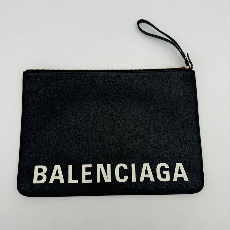Balenciaga Black Leather Large Clutch Wristlet Bag.