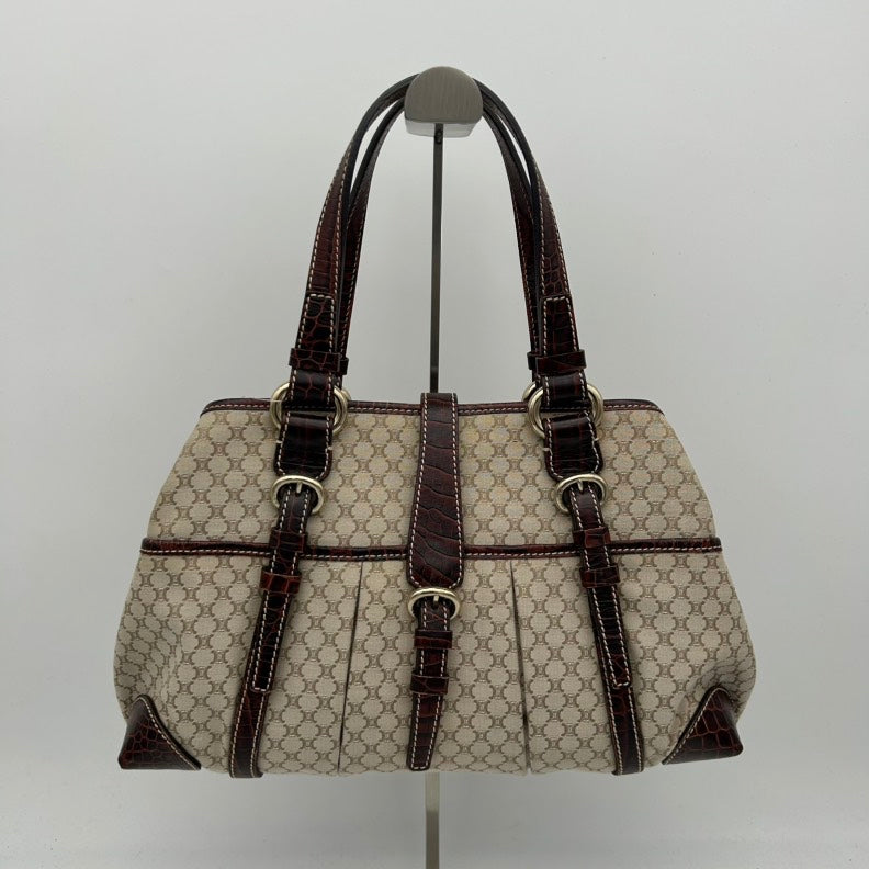 Celine Beige Canvas Leather Shoulder Bag Medium.