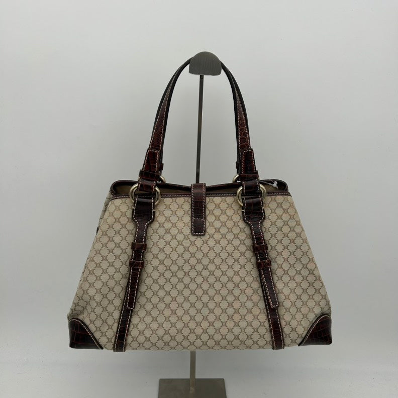 Celine Beige Canvas Leather Shoulder Bag Medium.
