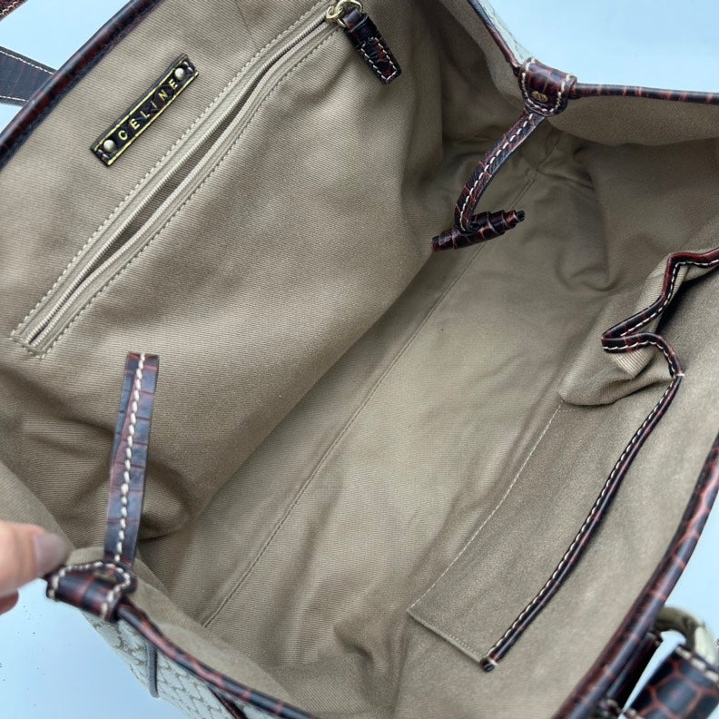 Celine Beige Canvas Leather Shoulder Bag Medium.