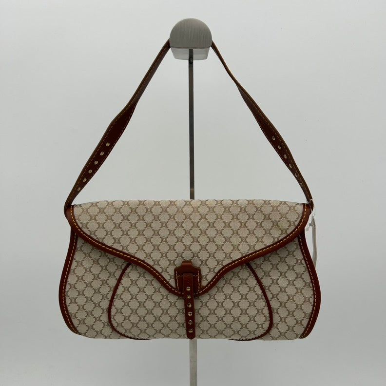 Celine Triomphe Canvas Brown Trim Shoulder Bag Medium Beige.