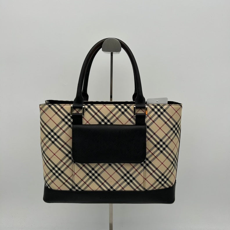 Burberry Canvas Leather Black Plaid Handbag Medium.