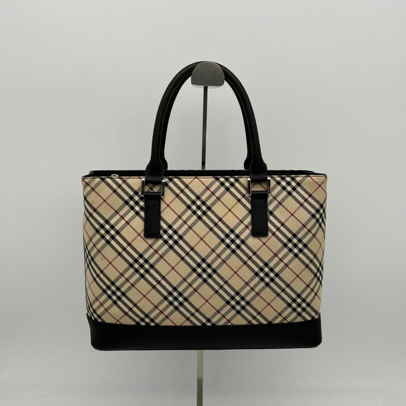 Burberry Canvas Leather Black Plaid Handbag Medium.