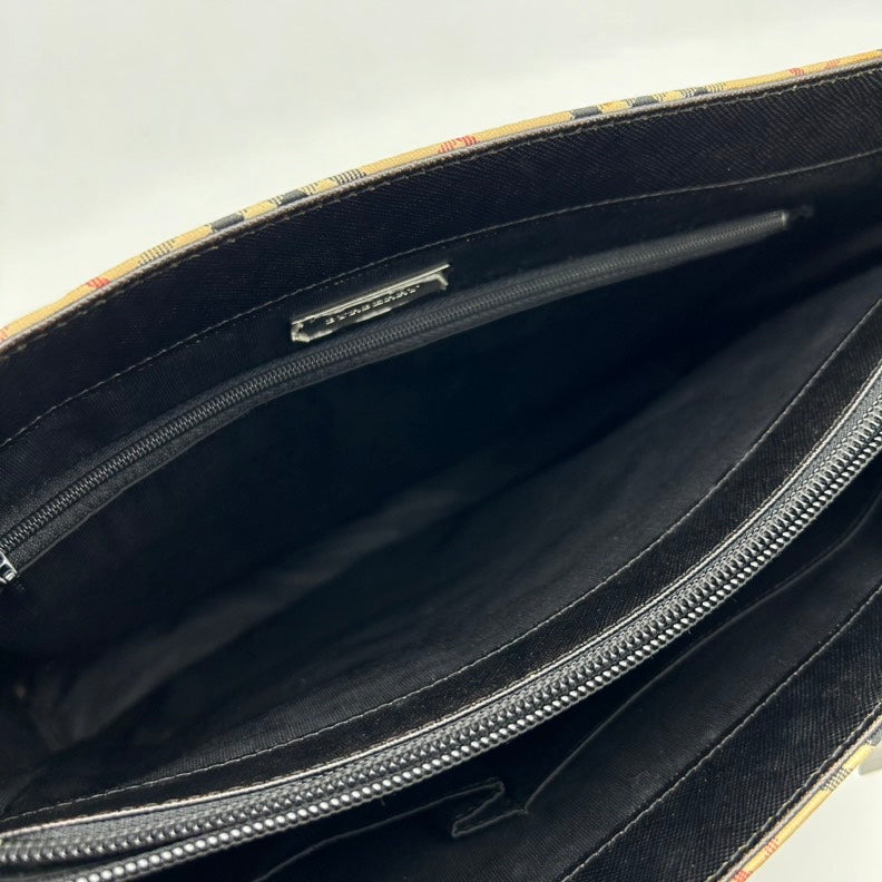 Burberry Canvas Leather Black Plaid Handbag Medium.