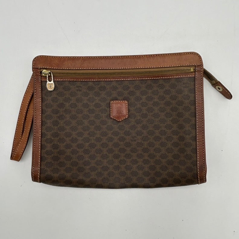 Celine Brown Monogram Leather Clutch Wristlet Medium.