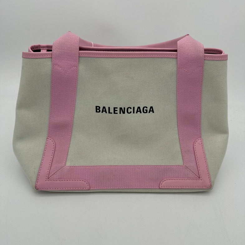 Balenciaga Canvas Handbag Pink Trim Medium Size Ivory.