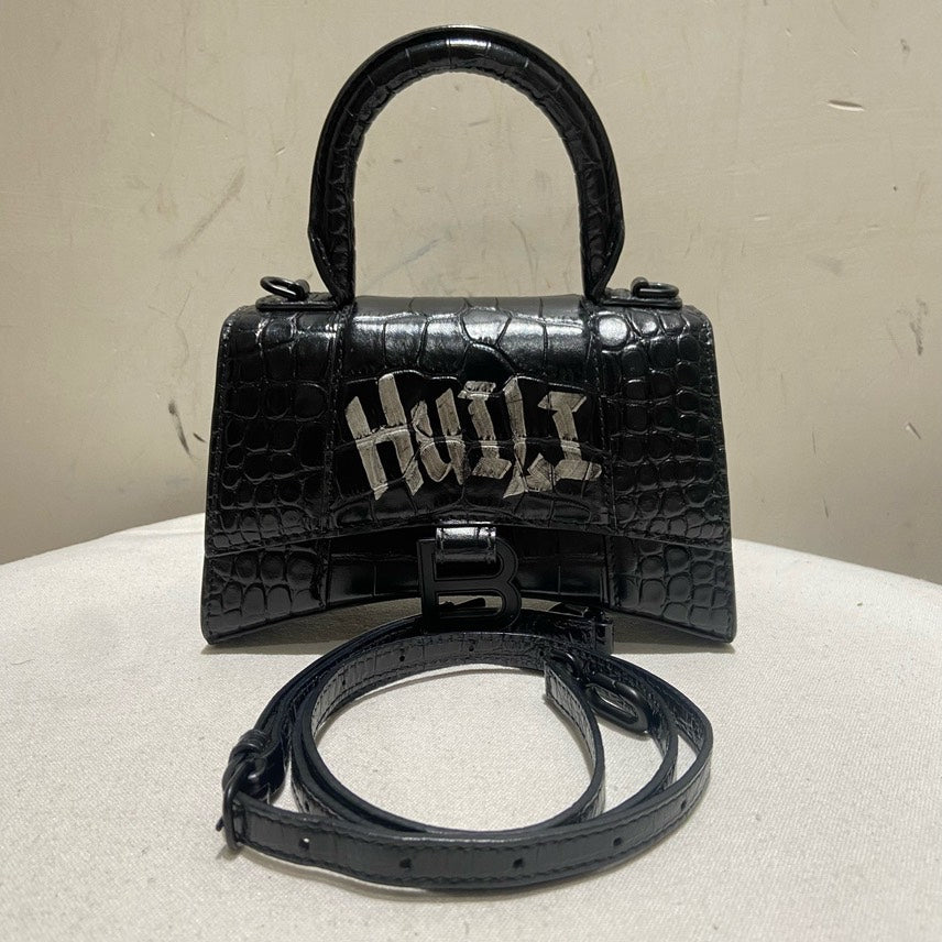 Balenciaga XS So Black Hourglass Croc-Embossed Leather Top Handle Bag.