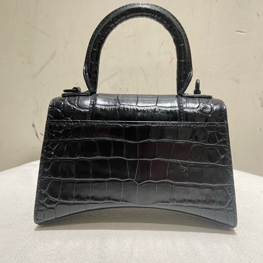 Balenciaga XS So Black Hourglass Croc-Embossed Leather Top Handle Bag.