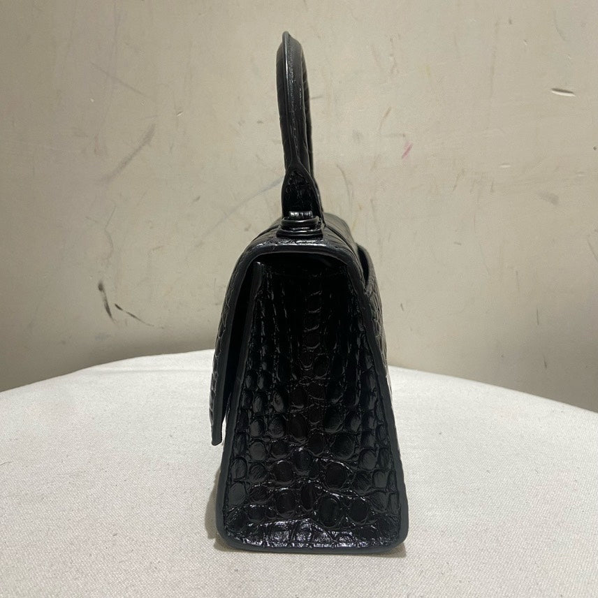Balenciaga XS So Black Hourglass Croc-Embossed Leather Top Handle Bag.