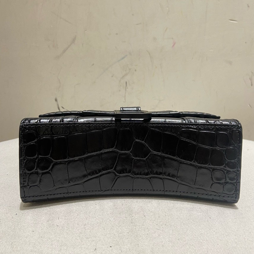 Balenciaga XS So Black Hourglass Croc-Embossed Leather Top Handle Bag.