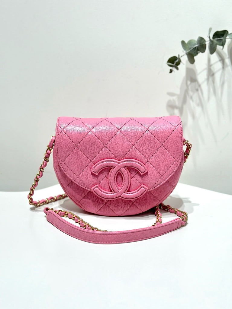 Chanel So Pink Caviar Leather Half Moon Crossbody Bag with Dust Bag.