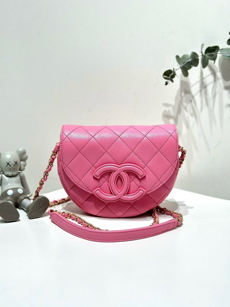 Chanel So Pink Caviar Leather Half Moon Crossbody Bag with Dust Bag.