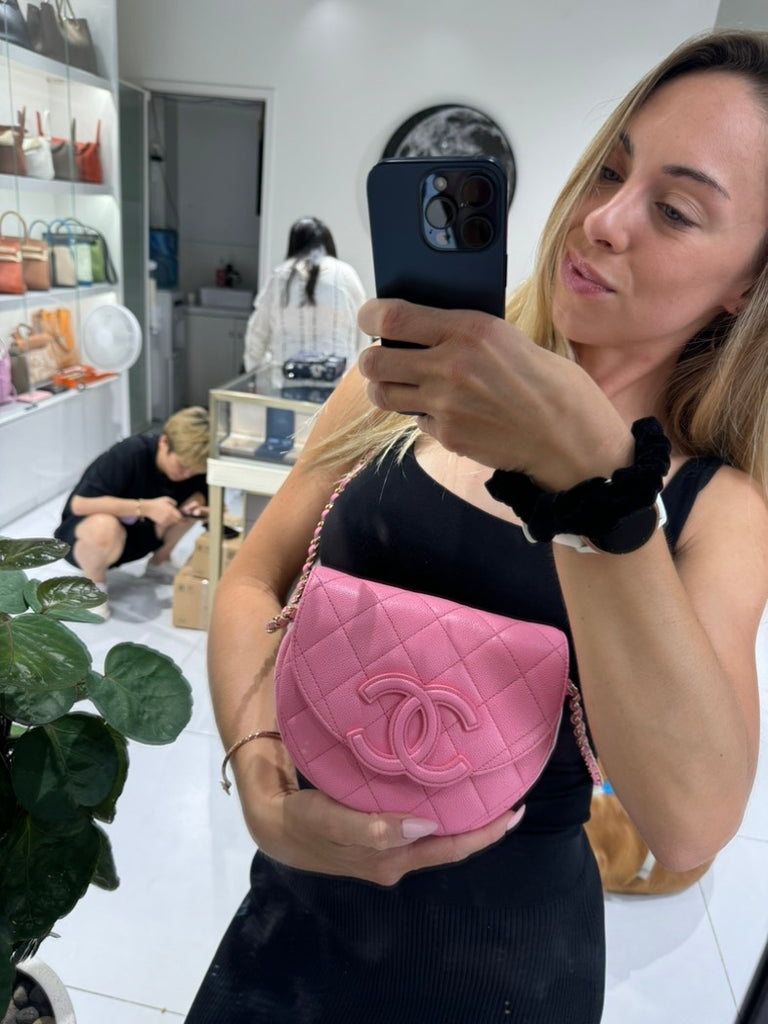 Chanel So Pink Caviar Leather Half Moon Crossbody Bag with Dust Bag.