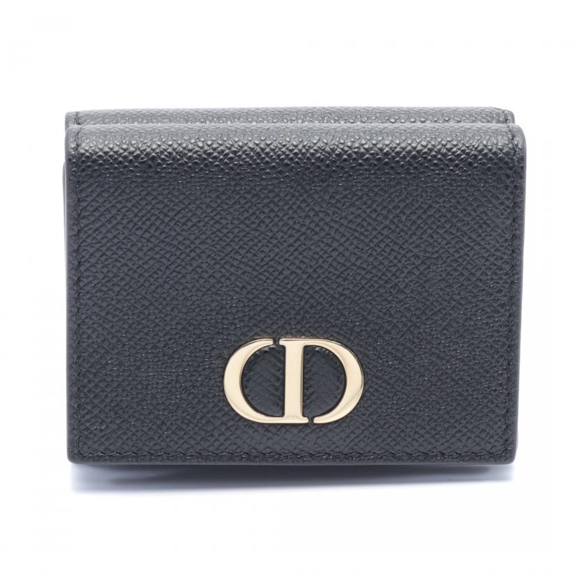 Christian Dior 30 Montaigne Trifold Compact Wallet Black Leather CD Logo.