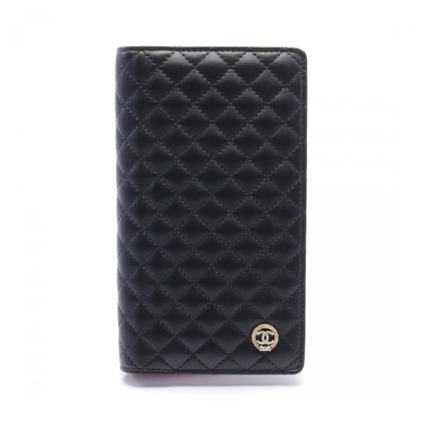 Chanel Matelasse Black Leather Coco Mark Bi-fold Long Wallet Gold Hardware.