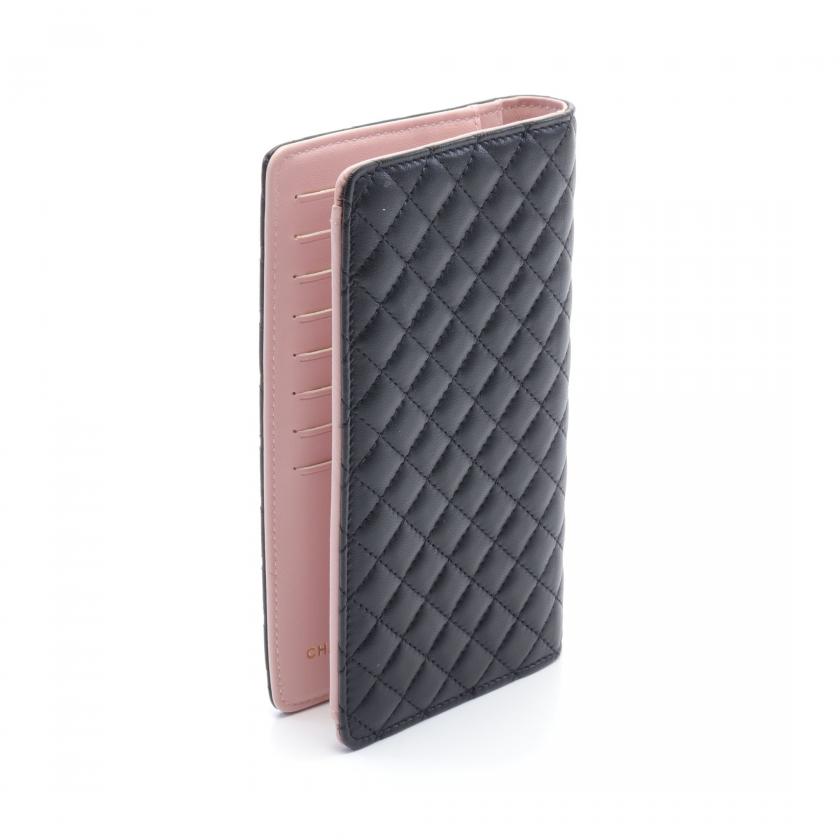 Chanel Matelasse Black Leather Coco Mark Bi-fold Long Wallet Gold Hardware.