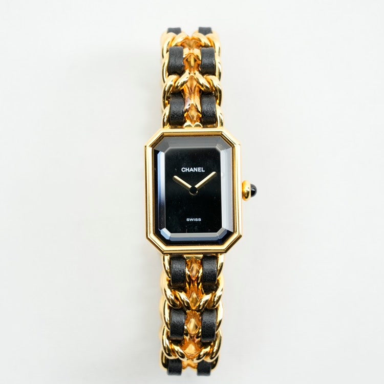 Chanel Premiere Black Gold Leather Chain Watch Medium.