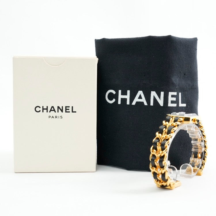 Chanel Premiere Black Gold Leather Chain Watch Medium.